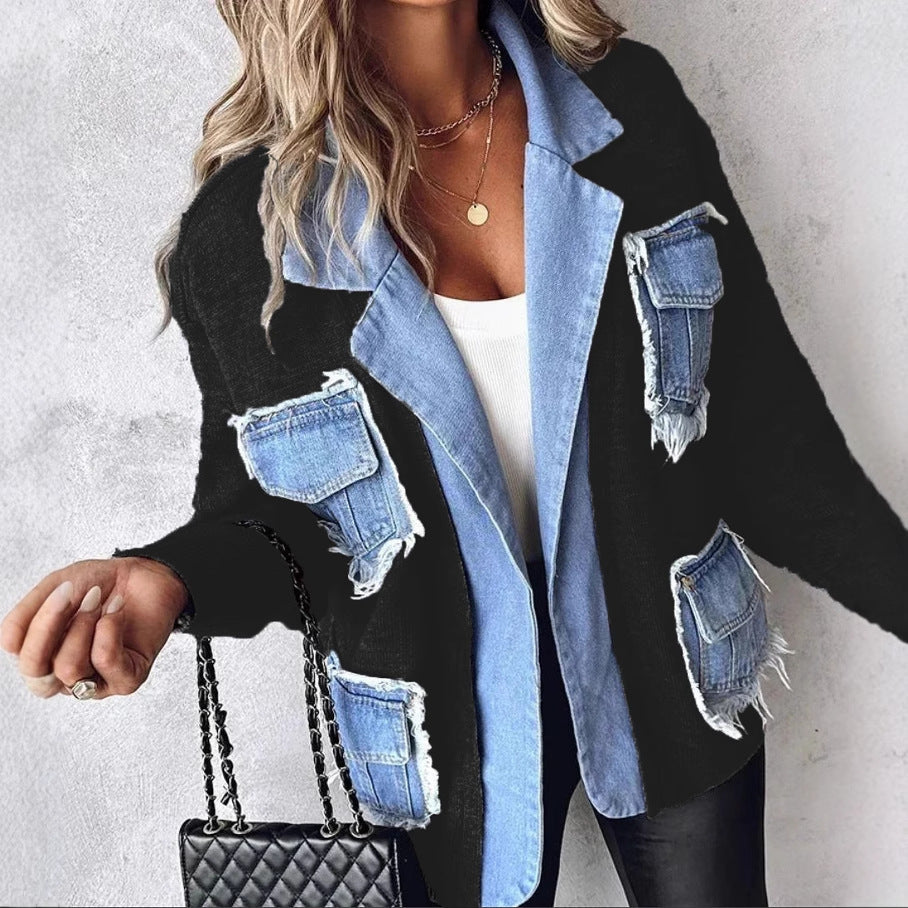 Kvinnors avslappnade kofta med två påsydda bröstfickor och detaljorienterad denim Mirla-Eva Jonsson