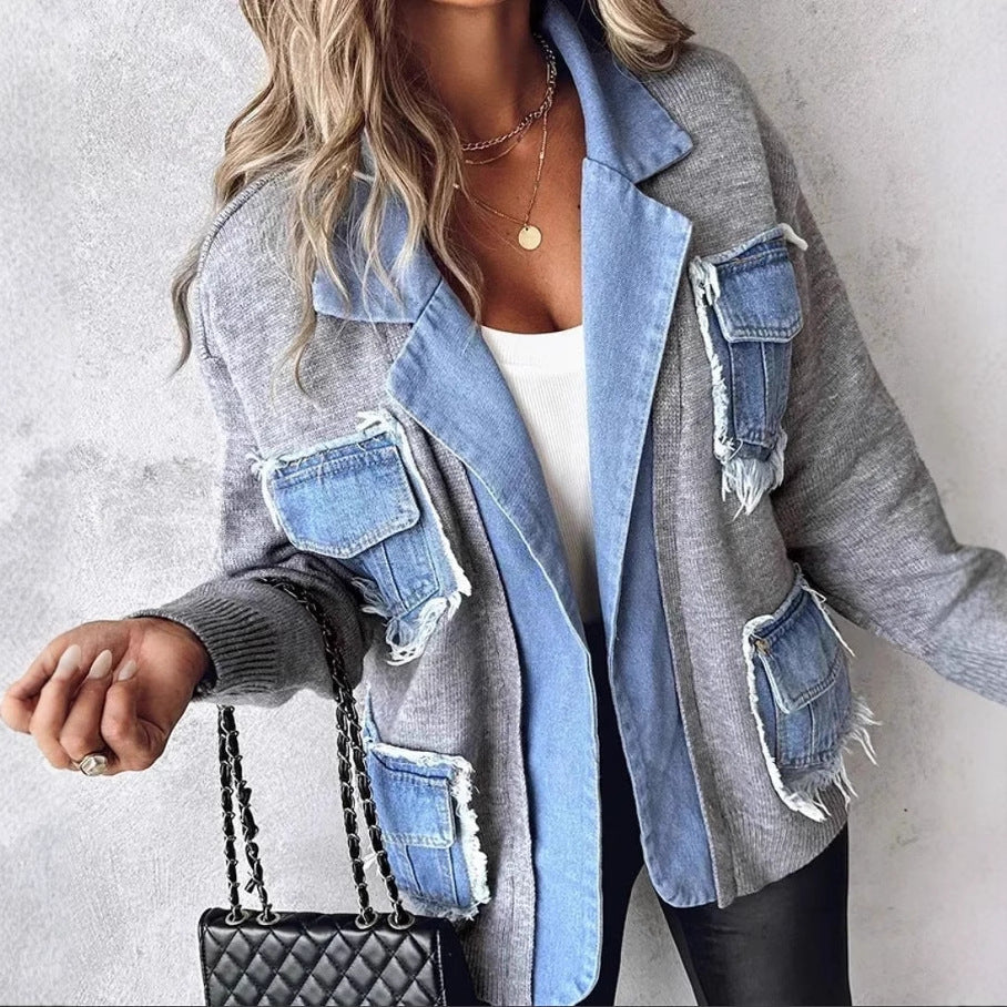 Kvinnors avslappnade kofta med två påsydda bröstfickor och detaljorienterad denim Mirla-Eva Jonsson