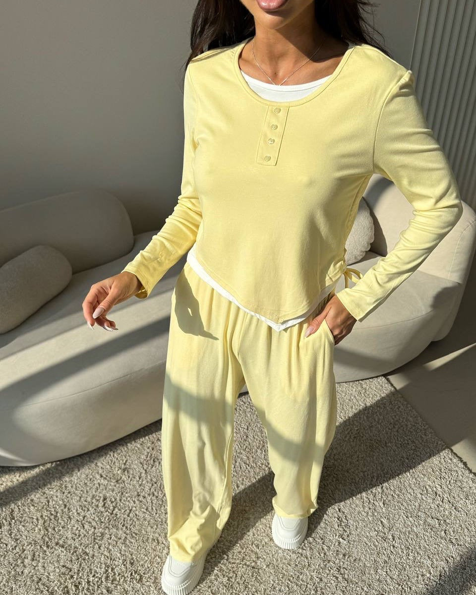 Kvinnors avslappnade lounge set med knäppning och elastisk midja Mirla-Eva Jonsson
