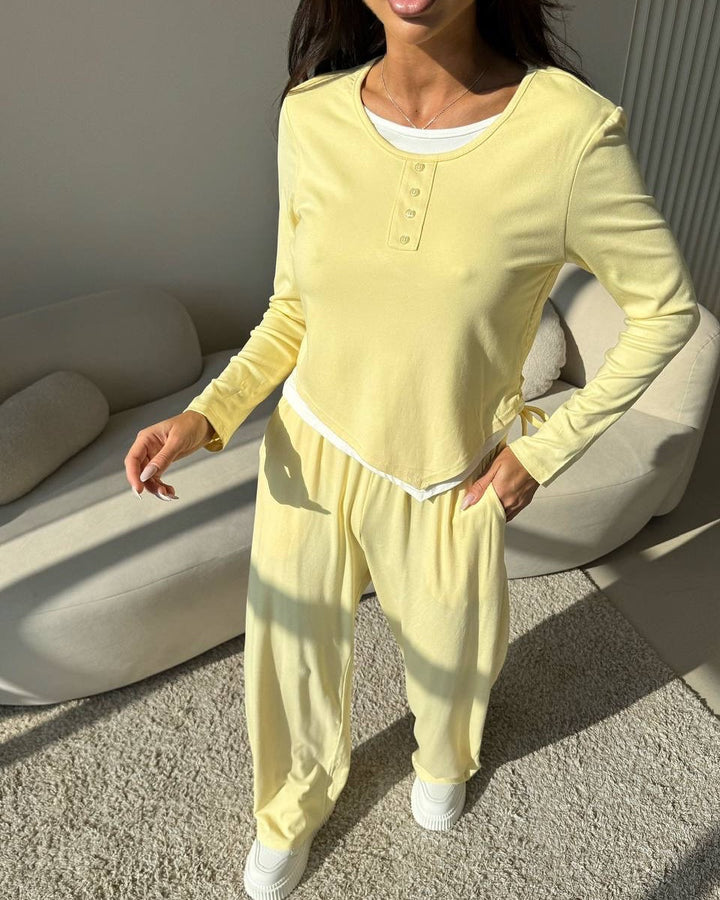 Kvinnors avslappnade lounge set med knäppning och elastisk midja Mirla-Eva Jonsson