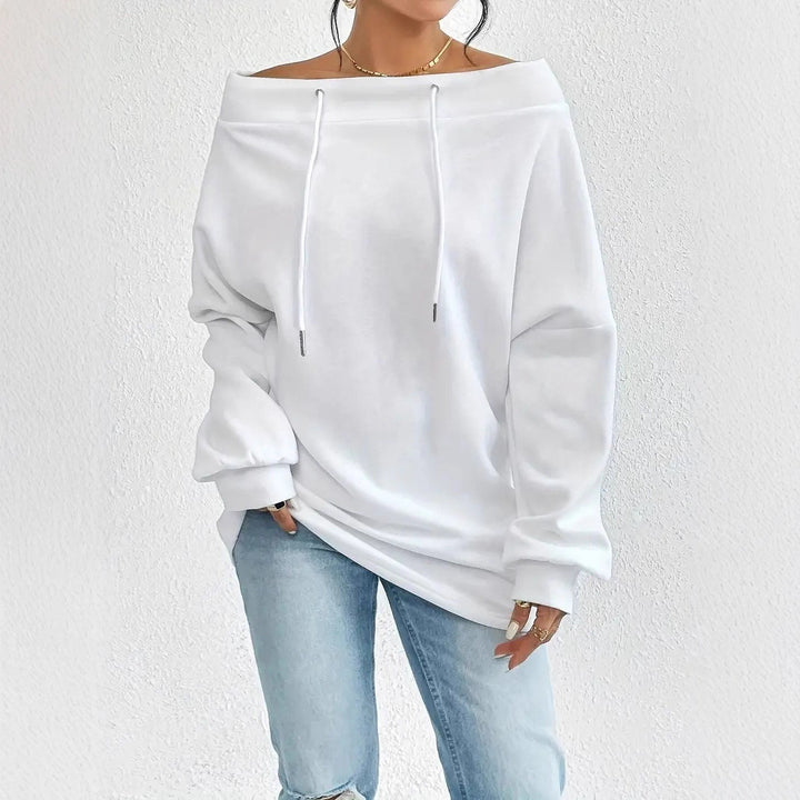 Kvinnors avslappnade oversized pullover med öppen krage och praktiska dragsnören Mirla-Eva Jonsson