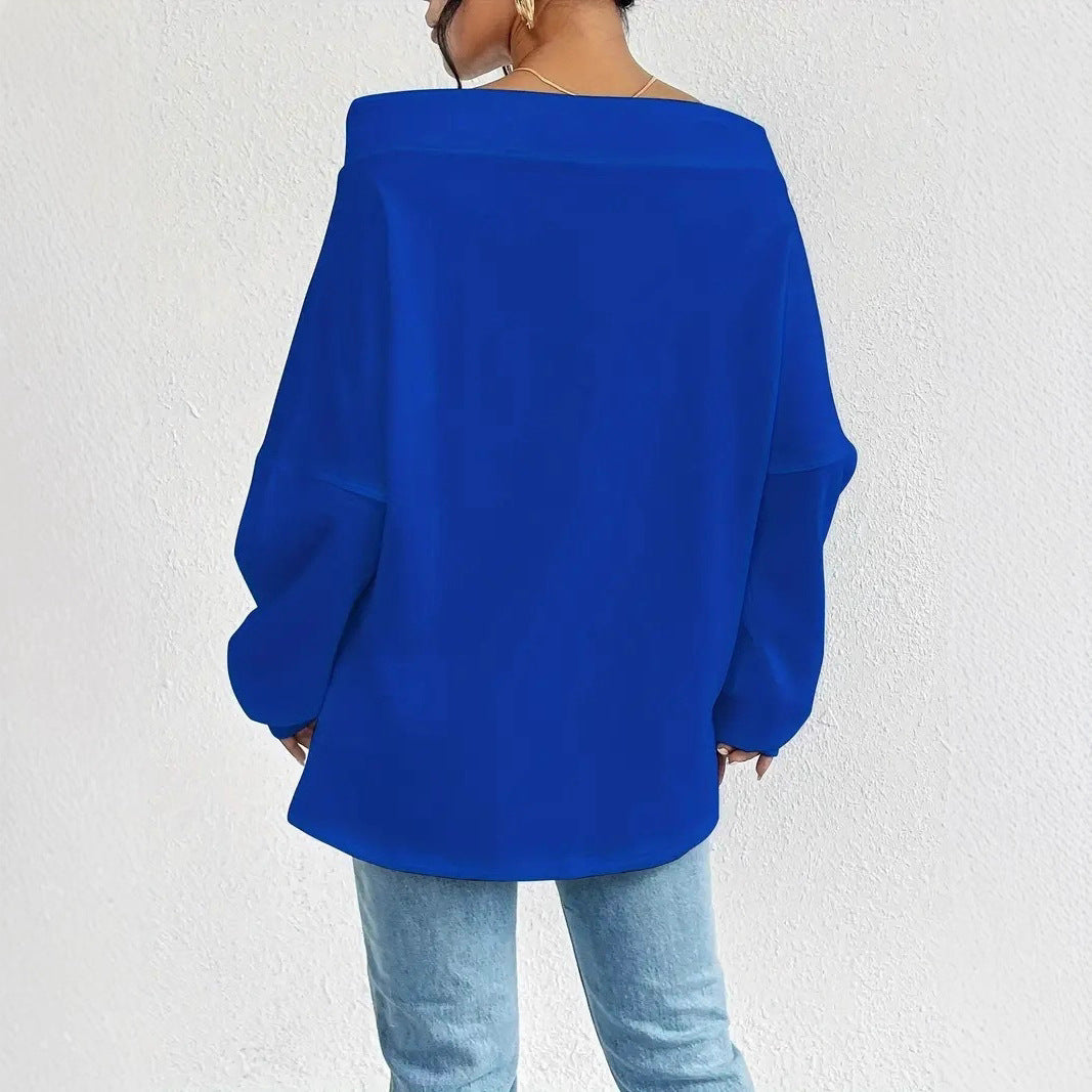 Kvinnors avslappnade oversized pullover med öppen krage och praktiska dragsnören Mirla-Eva Jonsson