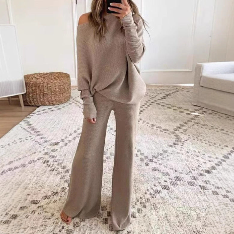 Kvinnors avslappnade stickade loungewear-set med lös passform och off-shoulder topp Mirla-Eva Jonsson