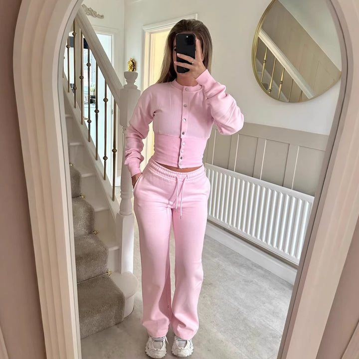Kvinnors avslappnade sweatkombination-set med knapprar och elastisk midja Mirla-Eva Jonsson
