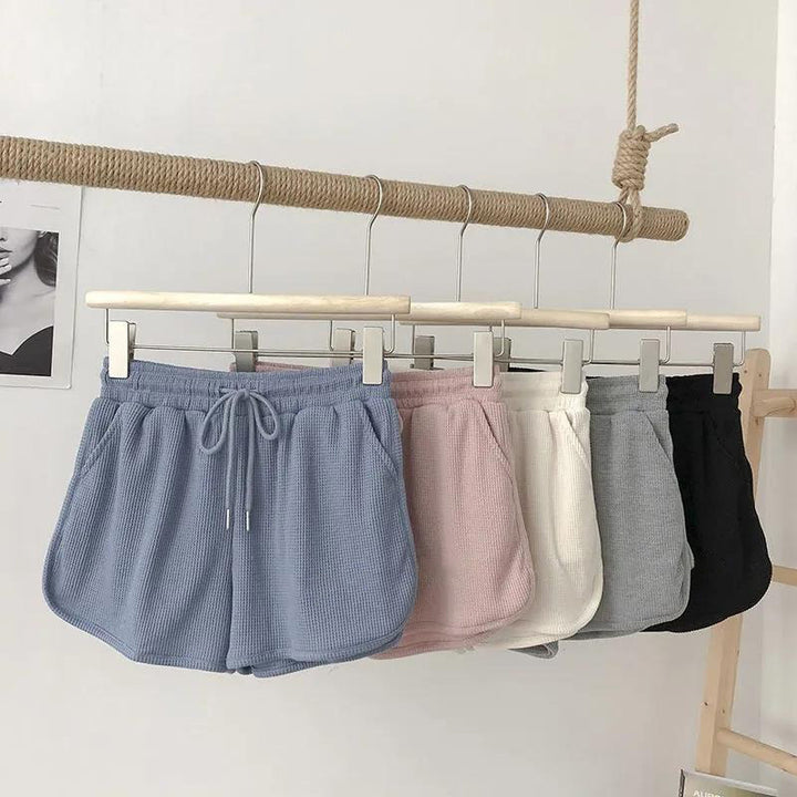 Kvinnors avslappnade våffeltextur shorts med justerbar dragsko och elastisk midja-Eva Jonsson