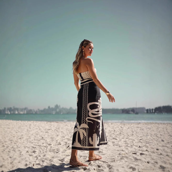 Kvinnors bandeau maxi klänning med elegant bladtryck och hög ben frihet-Eva Jonsson