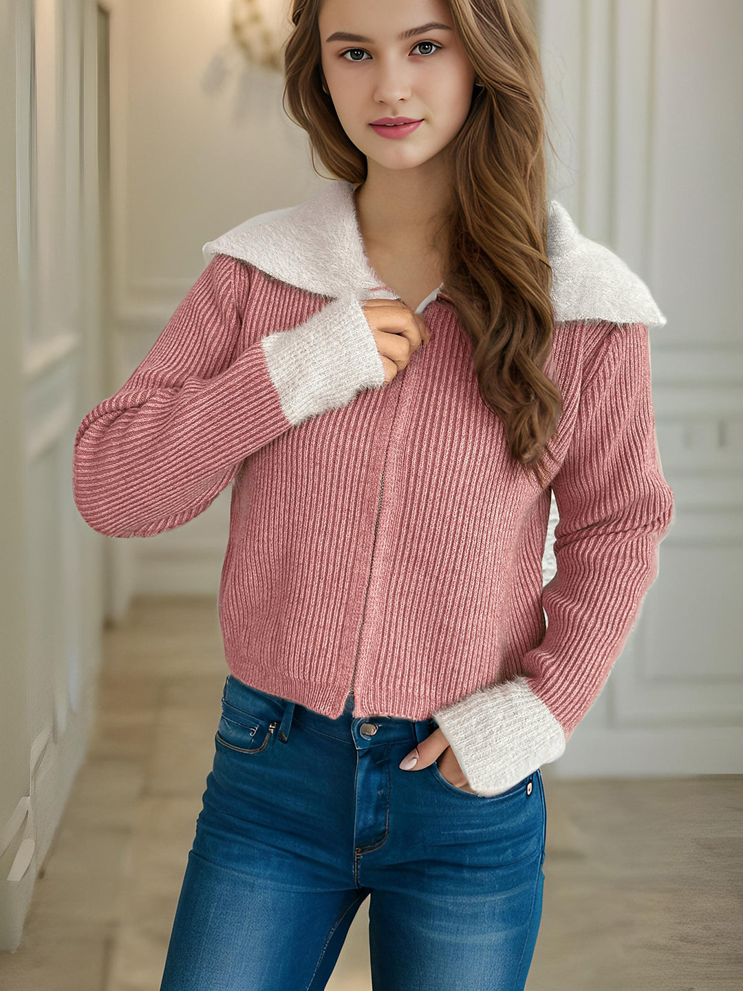Kvinnors bekväma cardigan med praktiska dragkedjedetaljer och moderna puffärmar Mirla-Eva Jonsson