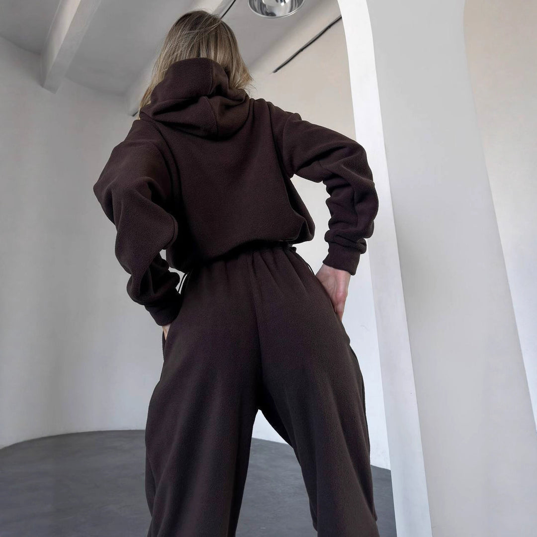 Kvinnors bekväma fleece jumpsuit med huva och elastisk midja-Eva Jonsson