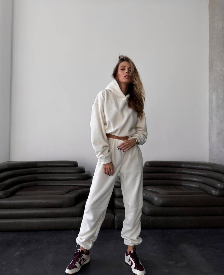 Kvinnors bekväma fleece jumpsuit med huva och elastisk midja-Eva Jonsson