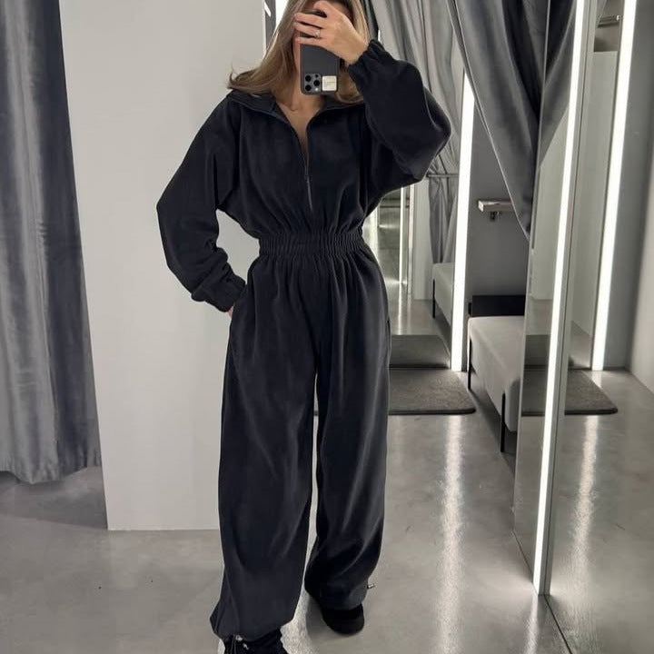 Kvinnors bekväma fleeceoverall med hög krage och elastisk midja Mirla-Eva Jonsson