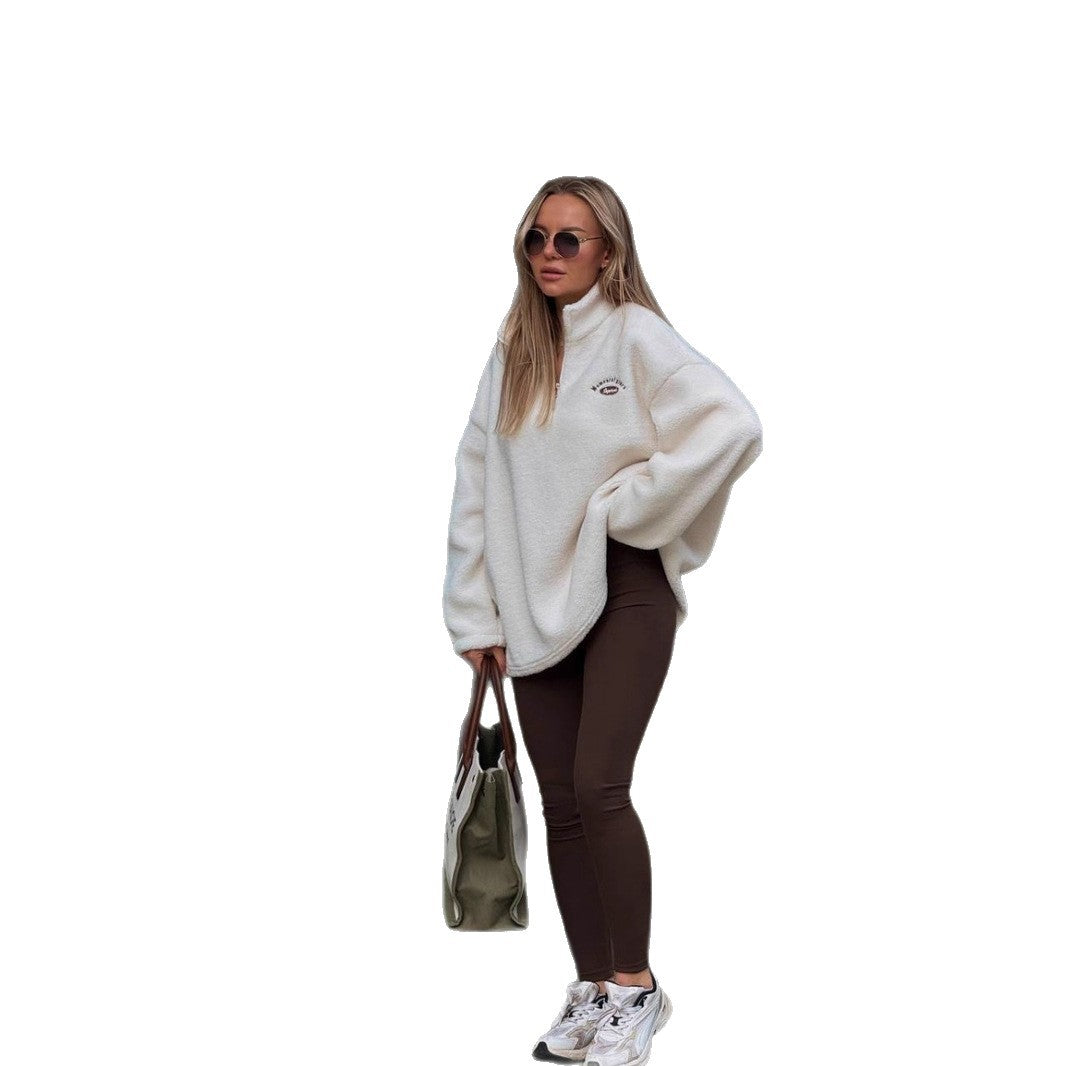 Kvinnors bekväma pullover med kort dragkedja och mjuk sammetsliknande inre struktur Mirla-Eva Jonsson