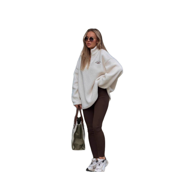 Kvinnors bekväma pullover med kort dragkedja och mjuk sammetsliknande inre struktur Mirla-Eva Jonsson