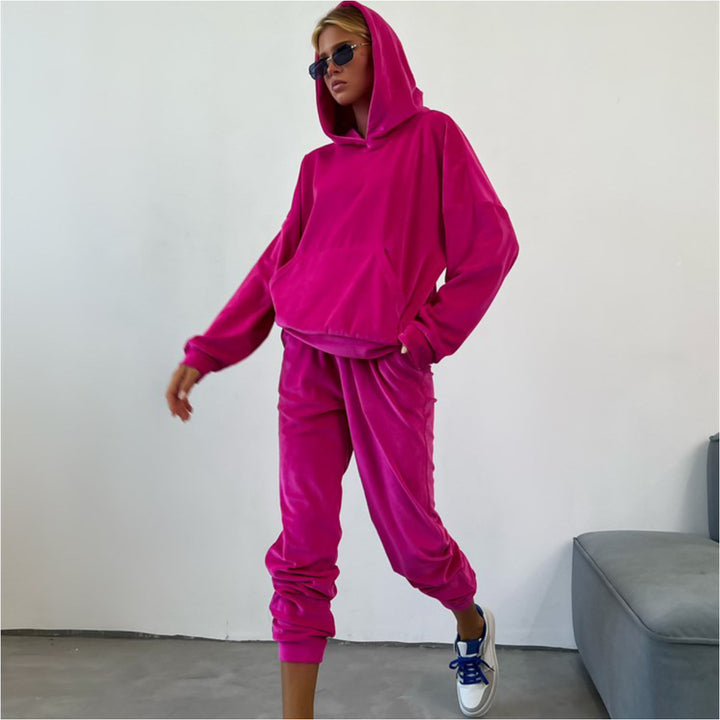 Kvinnors bekväma velour sweatshirt set med huva och elastisk midja Mirla-Eva Jonsson