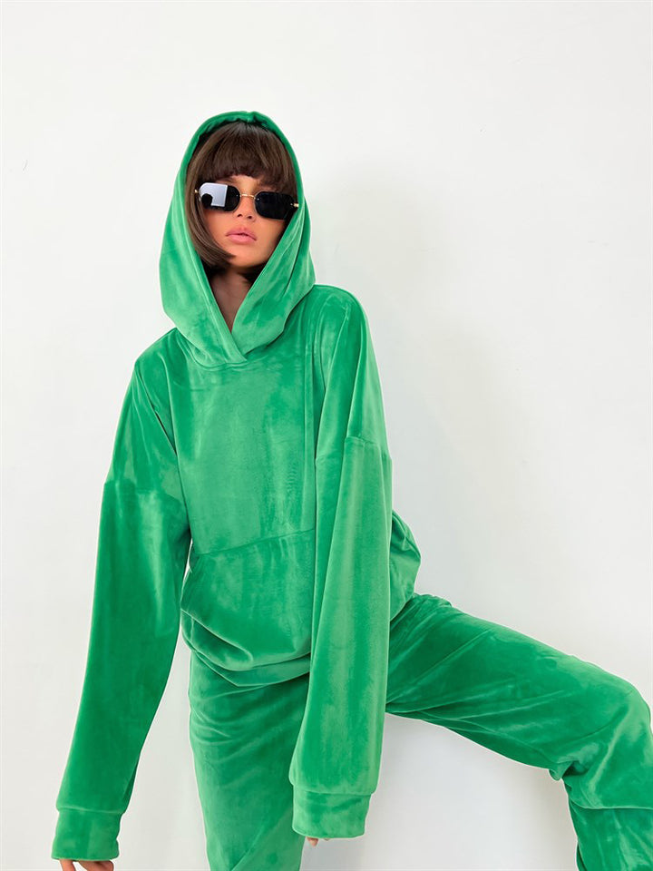 Kvinnors bekväma velour sweatshirt set med huva och elastisk midja Mirla-Eva Jonsson
