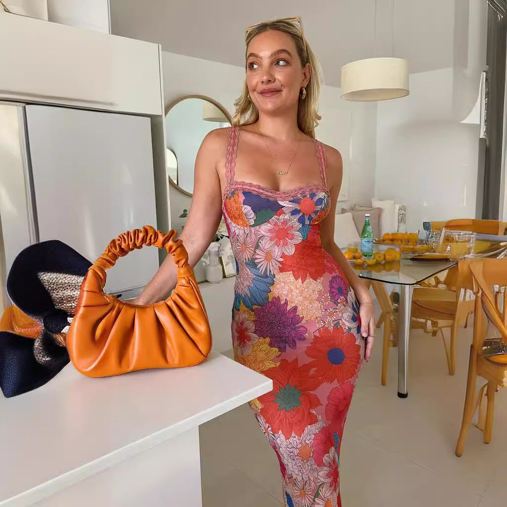 Kvinnors blomma midi klänning med spetsremmar och figurnära snitt-Eva Jonsson