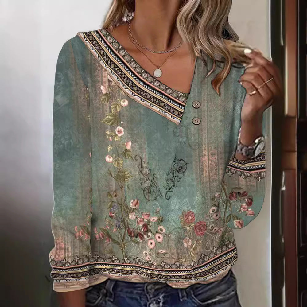 Kvinnors blus med blommönster och stilfull V-hals Mirla-Eva Jonsson