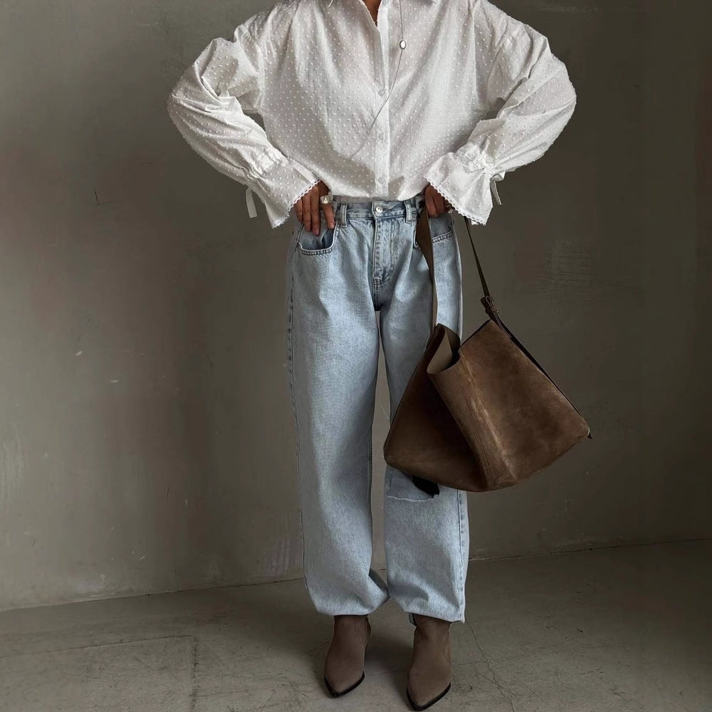 Kvinnors blus topp med eleganta volangdetaljer och fint mönster Mirla-Eva Jonsson