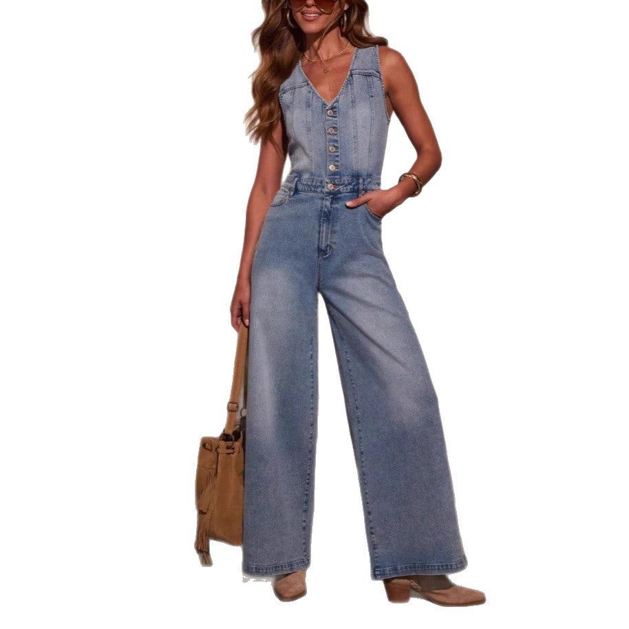 Kvinnors breda jeans jumpsuit med knappslå och djup V-hals-Eva Jonsson