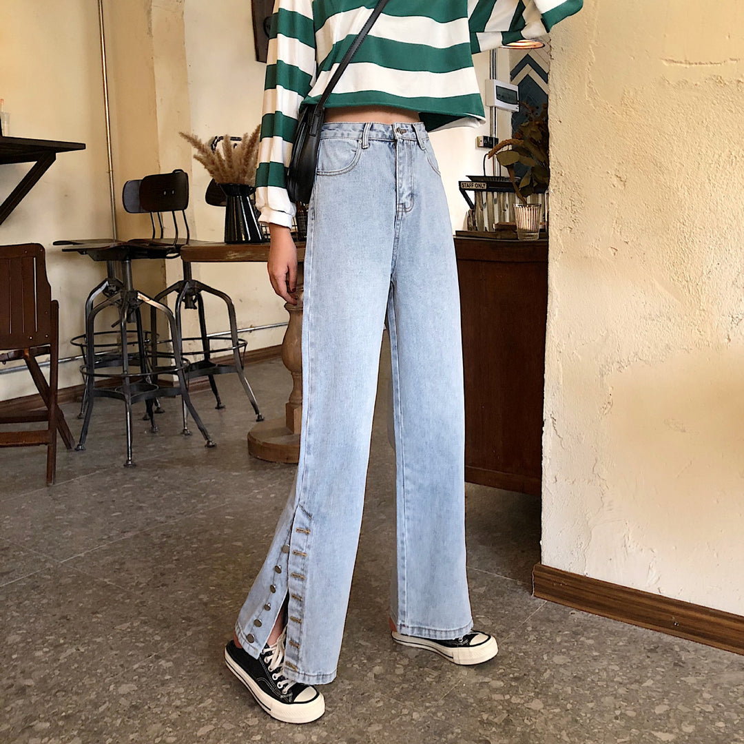 Kvinnors breda jeans med dekorativa knappp detaljer Mirla-Eva Jonsson