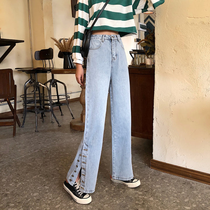 Kvinnors breda jeans med dekorativa knappp detaljer Mirla-Eva Jonsson