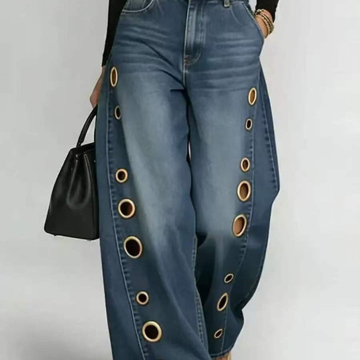 Kvinnors breda jeans med dekorativa öljetter och hög midja Mirla-Eva Jonsson