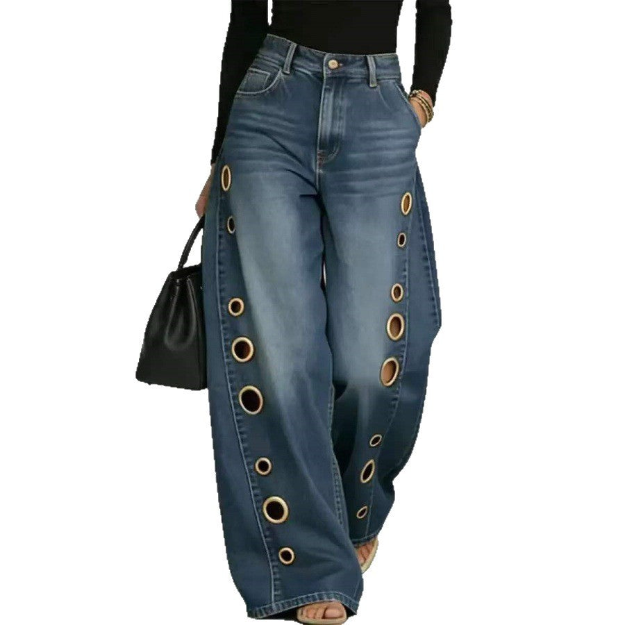 Kvinnors breda jeans med dekorativa öljetter och hög midja Mirla-Eva Jonsson