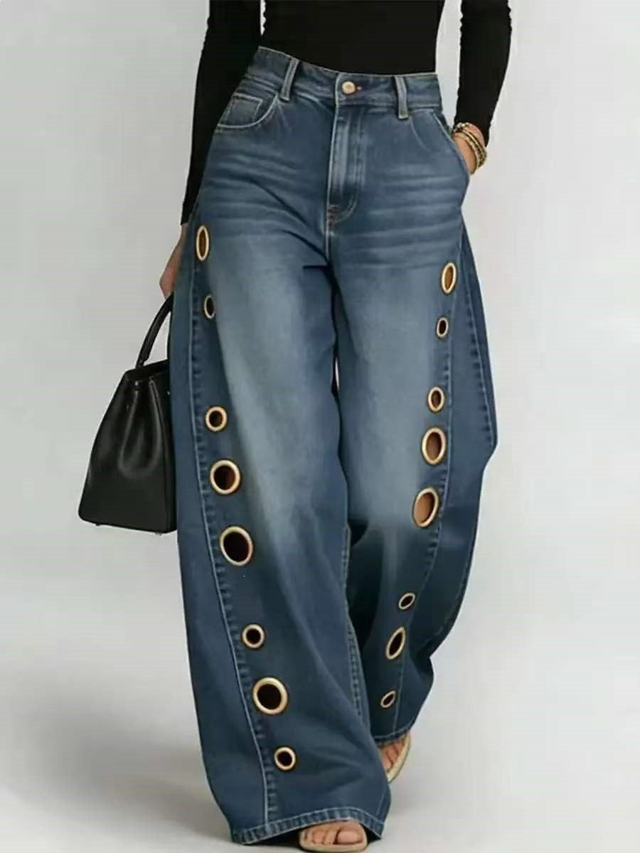 Kvinnors breda jeans med dekorativa öljetter och hög midja Mirla-Eva Jonsson