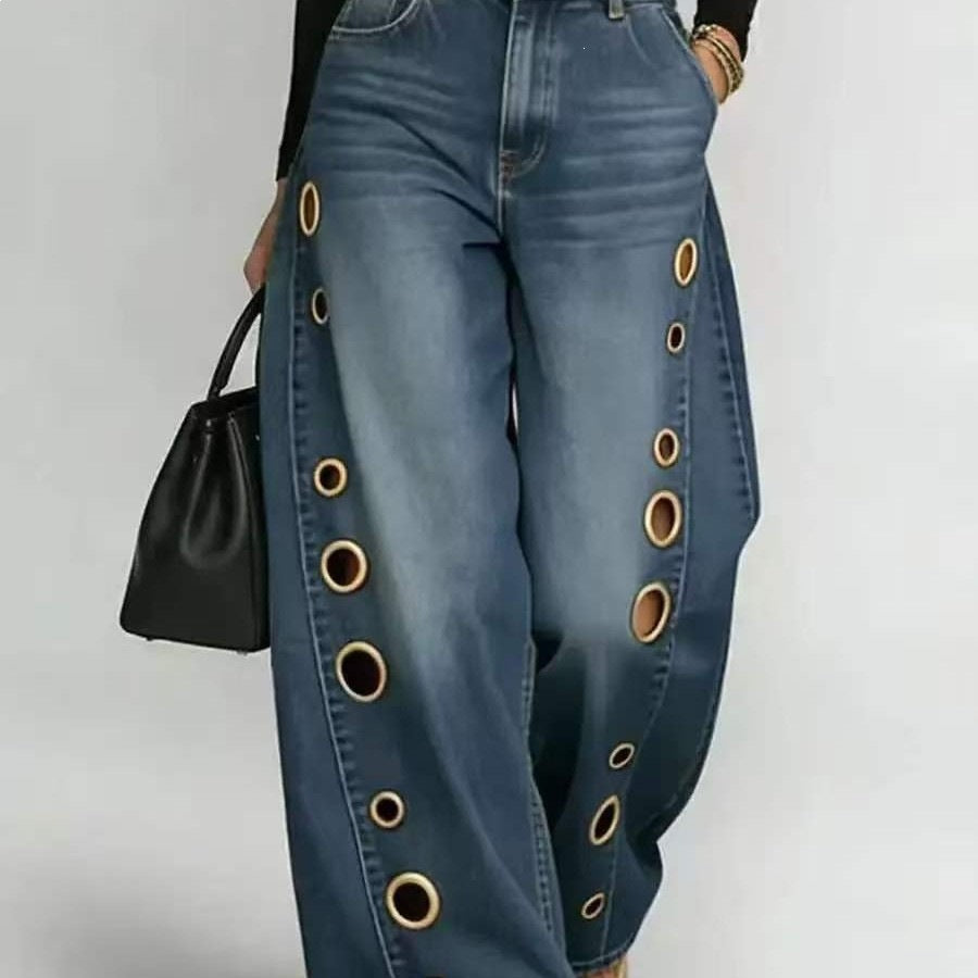Kvinnors breda jeans med dekorativa öljetter och hög midja Mirla-Eva Jonsson