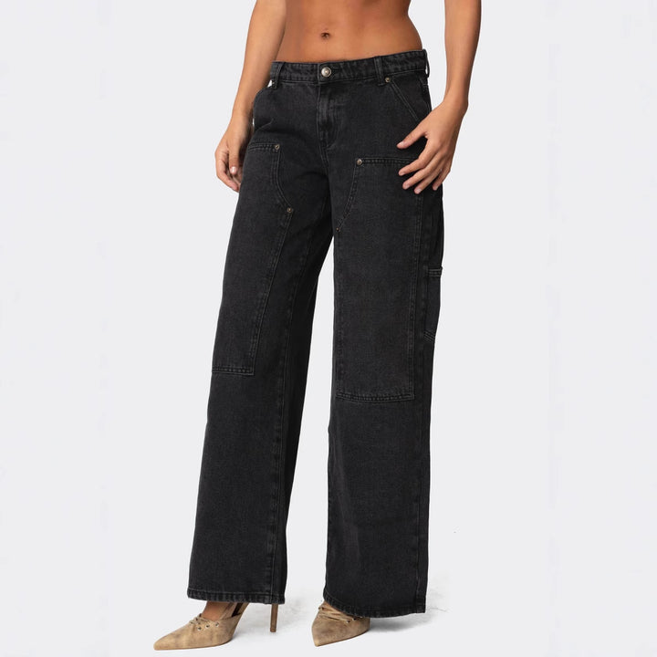 Kvinnors bredskurna utility-jeans med praktiska fickor och hög midja-Eva Jonsson