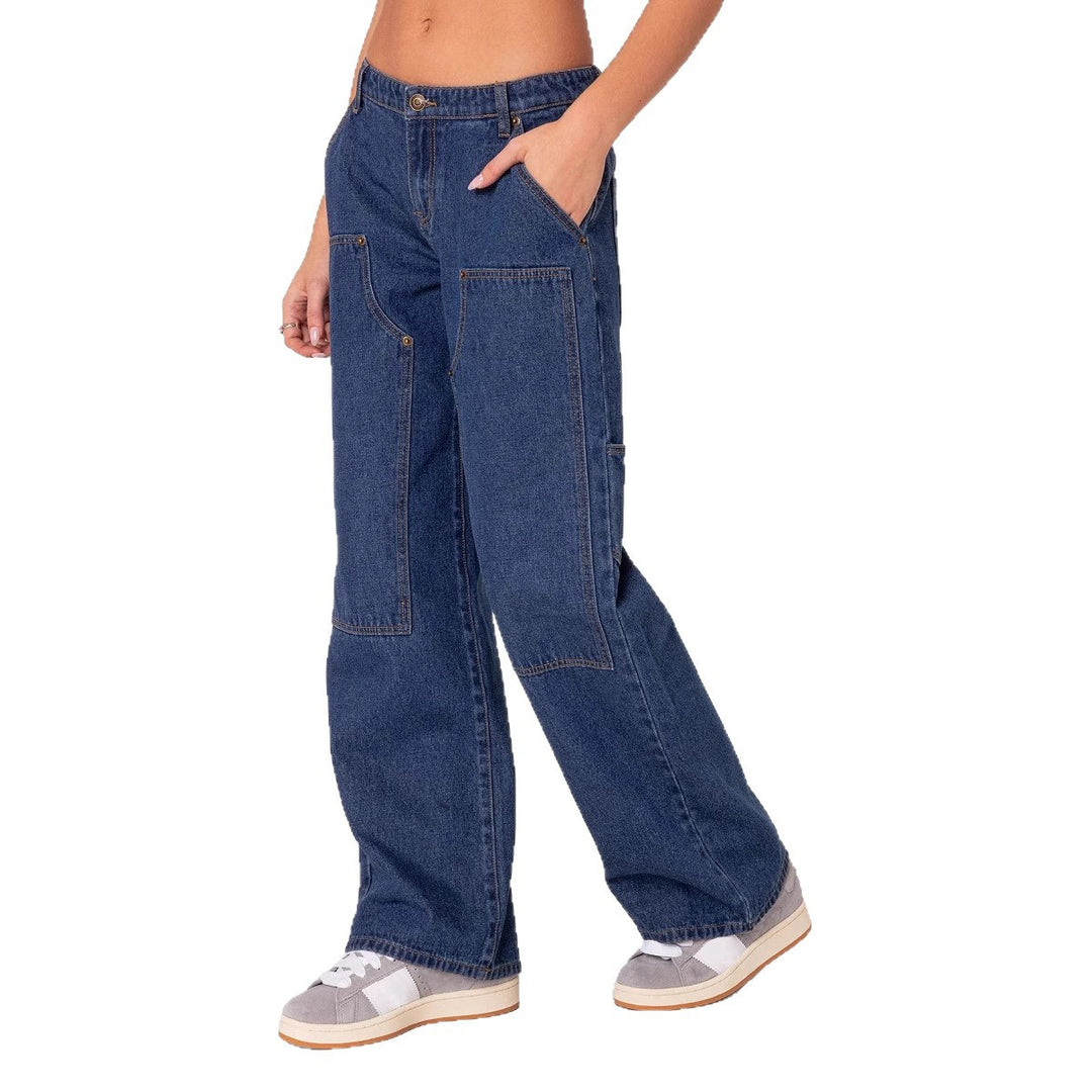 Kvinnors bredskurna utility-jeans med praktiska fickor och hög midja-Eva Jonsson