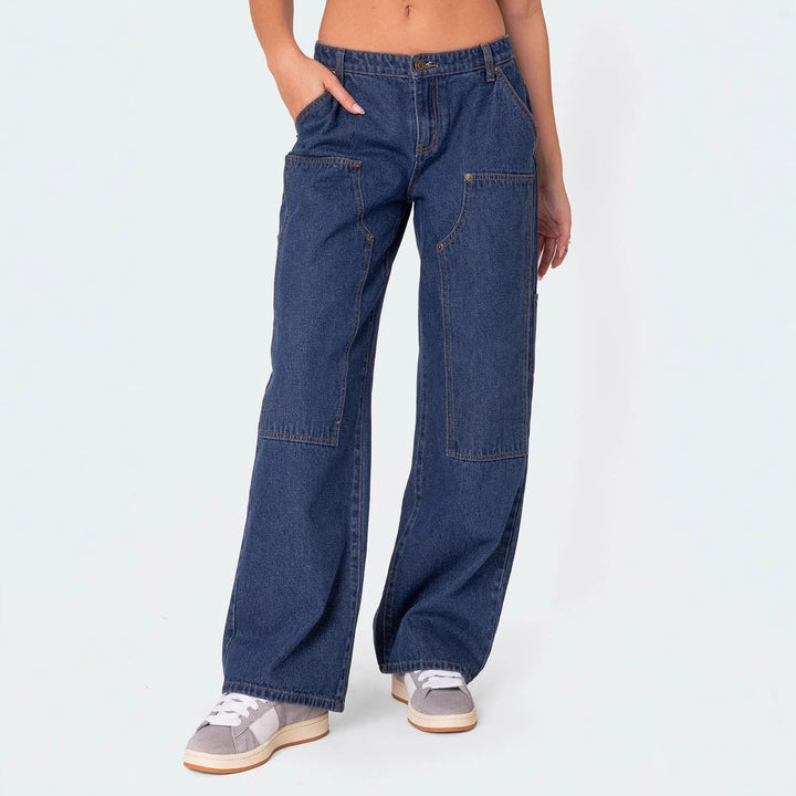 Kvinnors bredskurna utility-jeans med praktiska fickor och hög midja-Eva Jonsson