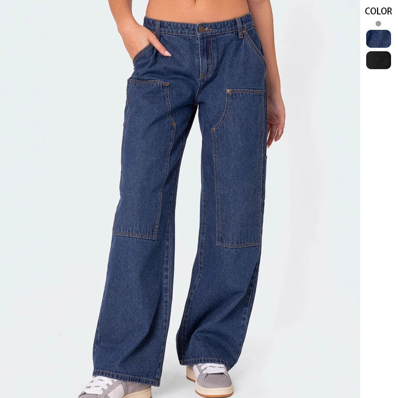 Kvinnors bredskurna utility-jeans med praktiska fickor och hög midja-Eva Jonsson