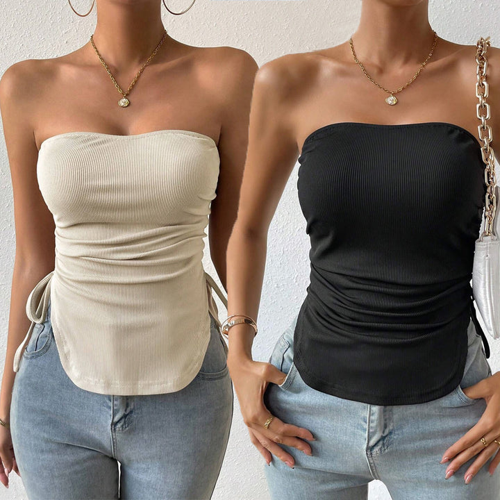 Kvinnors bustier-top med dekorativa volangdetaljer och knytband Mirla-Eva Jonsson