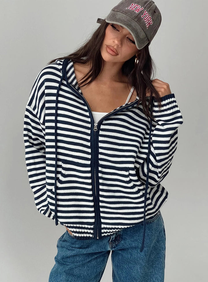 Kvinnors cardigan i randig design med högkvalitativ dragkedja och avslappnad passform-Eva Jonsson