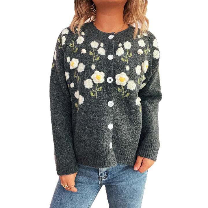 Kvinnors cardigan med blommiga applikationer och knäppning Mirla-Eva Jonsson