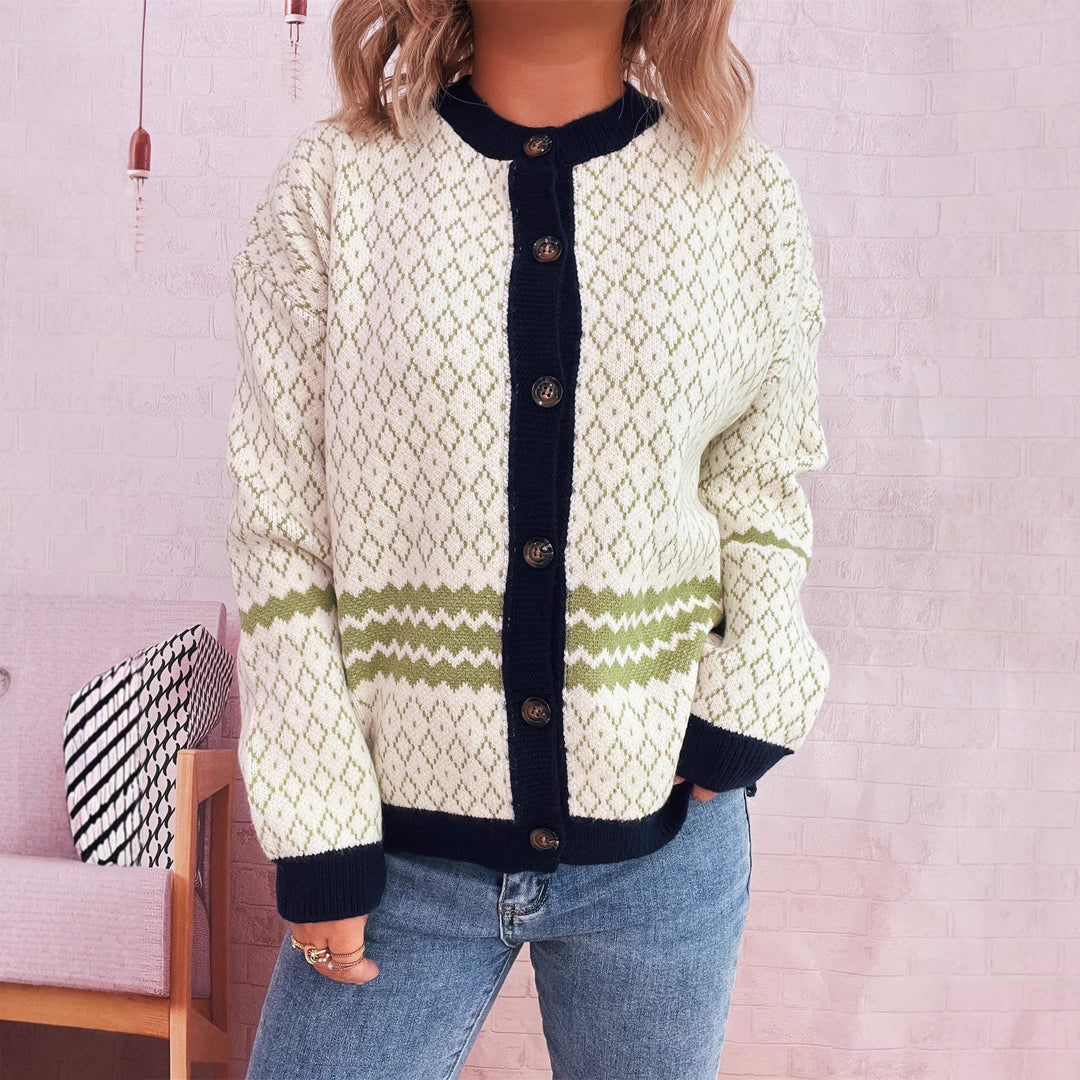 Kvinnors cardigan med geometriskt mönster och eleganta knapputsmyckningar Mirla-Eva Jonsson