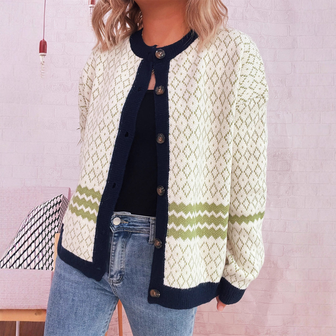 Kvinnors cardigan med geometriskt mönster och eleganta knapputsmyckningar Mirla-Eva Jonsson