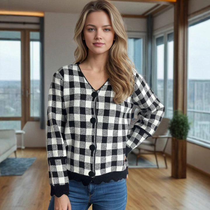 Kvinnors cardigan med kontrastmönster och knappe detaljer Mirla-Eva Jonsson
