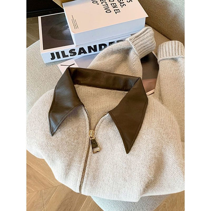 Kvinnors cardigan med läderkrage Mirla-Eva Jonsson
