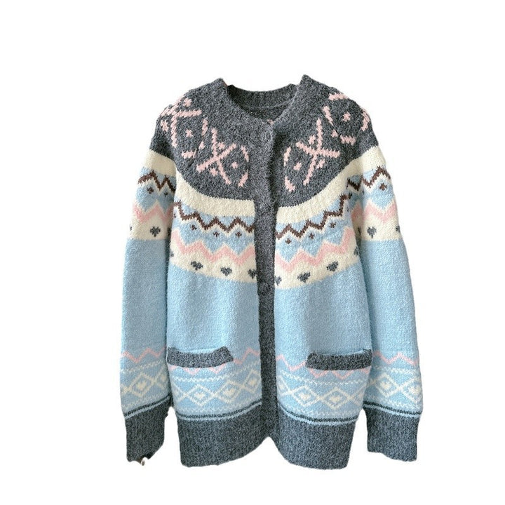 Kvinnors cardigan med lekfullt etniskt mönster och fickor Mirla-Eva Jonsson