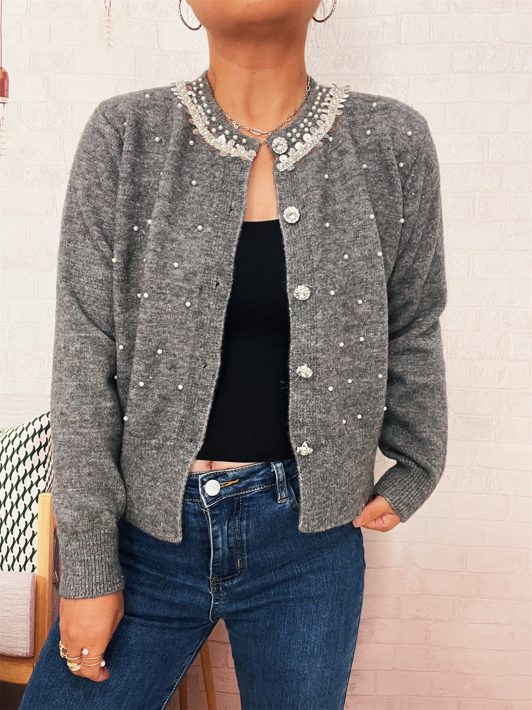 Kvinnors cardigan med pärltrim Mirla-Eva Jonsson