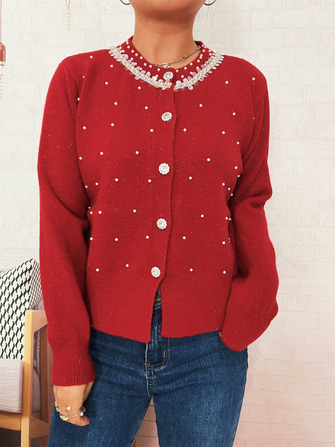 Kvinnors cardigan med pärltrim Mirla-Eva Jonsson