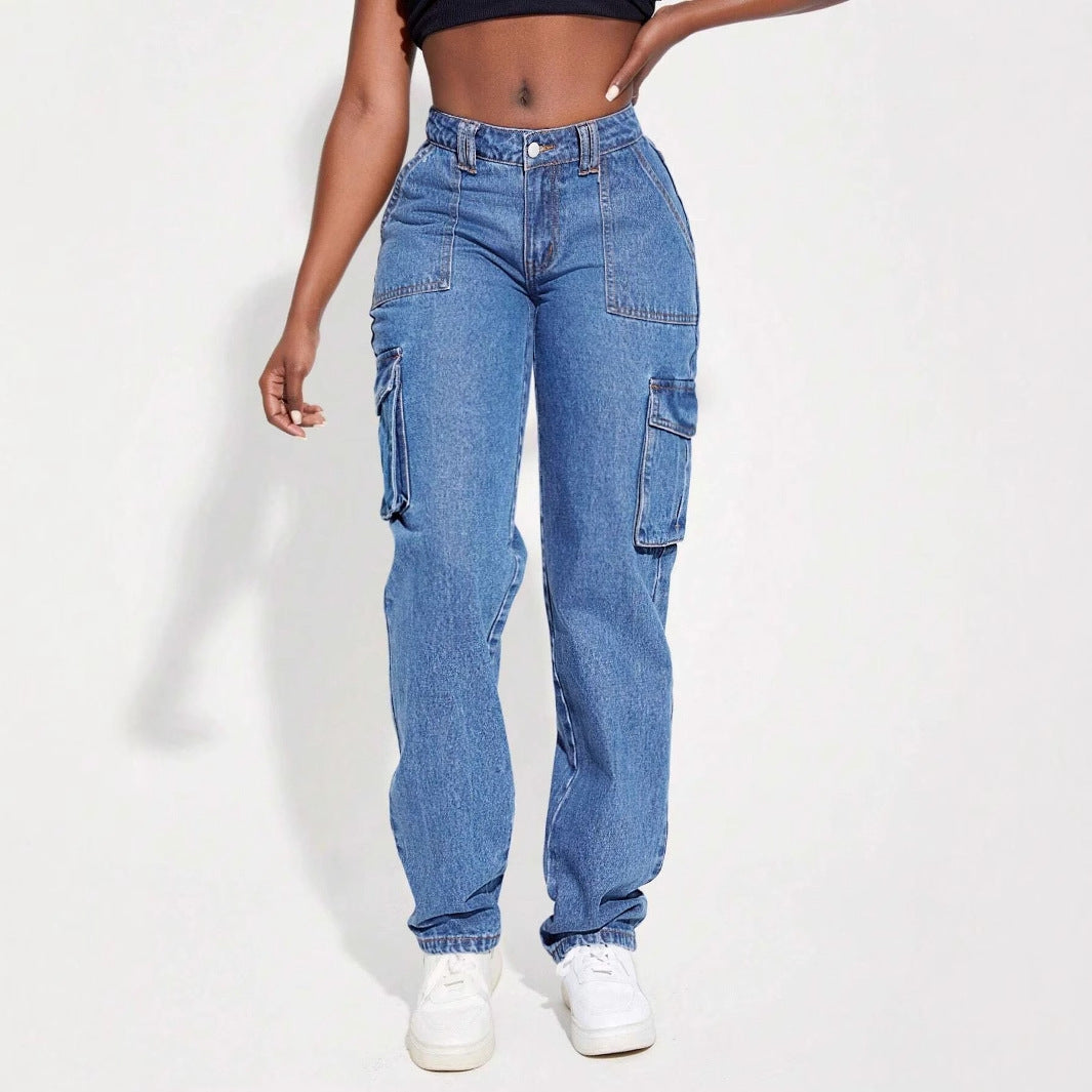 Kvinnors cargo jeans med elastiskt midjeband och innovativ design-Eva Jonsson