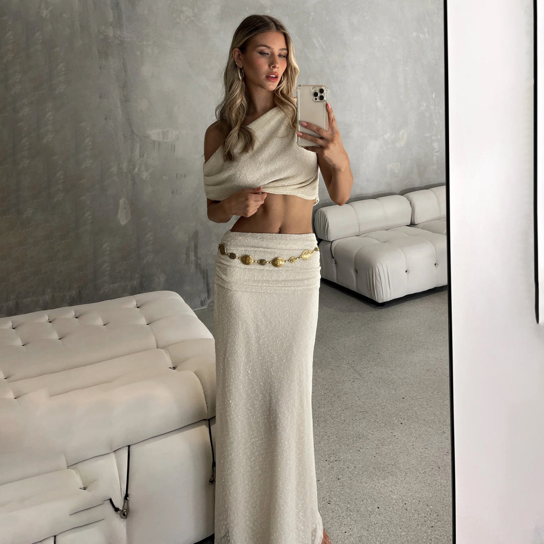 Kvinnors charmiga crop top och maxi kjol set Mirla-Eva Jonsson