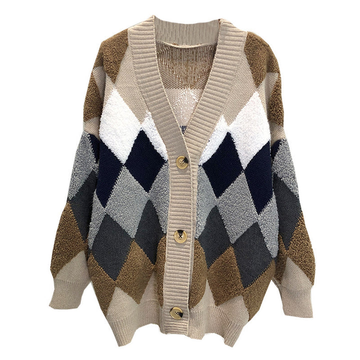 Kvinnors chunky stickad cardigan med dekorativt diamantmönster och bekväm passform Mirla-Eva Jonsson