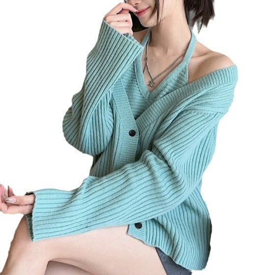 Kvinnors chunky stickad cardigan med en avslappnad passform och djup V-hals Mirla-Eva Jonsson