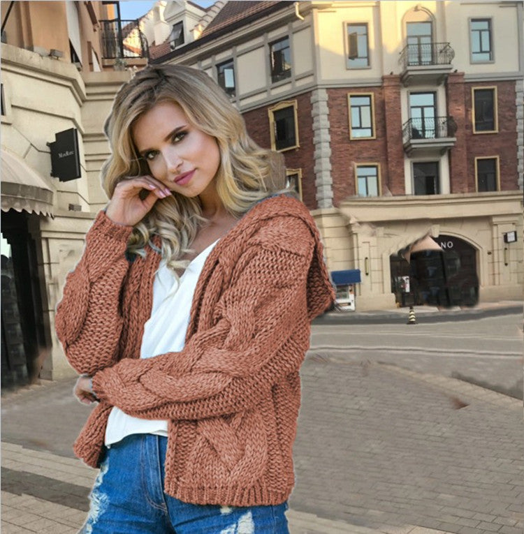 Kvinnors chunky stickad kardigan med huva och asymmetrisk design Mirla-Eva Jonsson