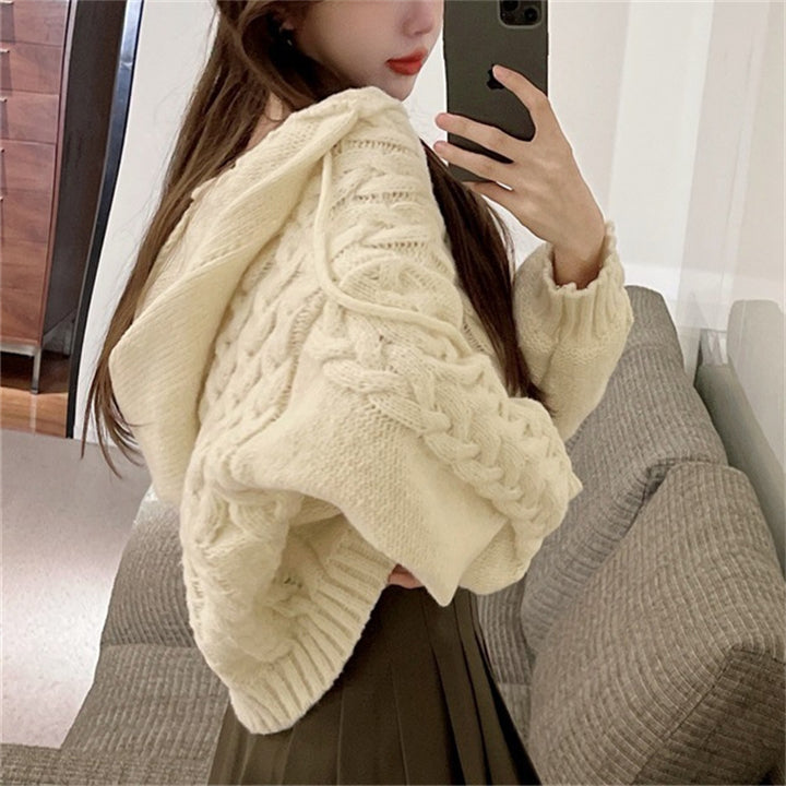 Kvinnors chunky stickad poncho med huva och modern design Mirla-Eva Jonsson