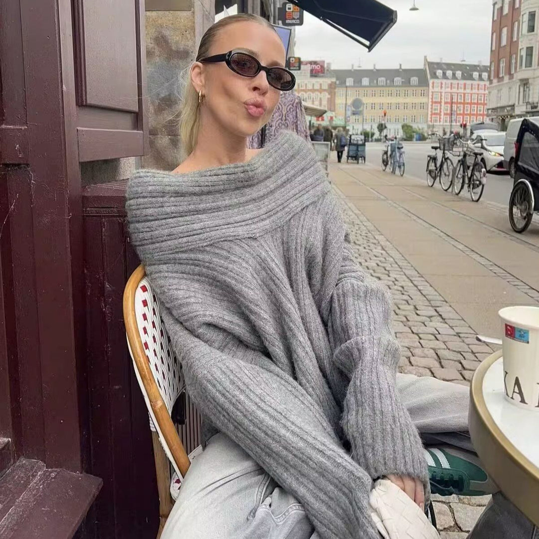 Kvinnors chunky stickad tröja med moderiktig polokrage Mirla-Eva Jonsson
