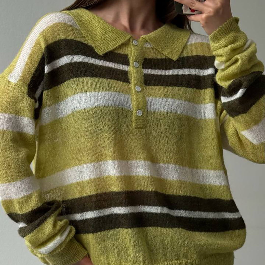 Kvinnors chunky stickad tröja med polokrage och blockränder Mirla-Eva Jonsson
